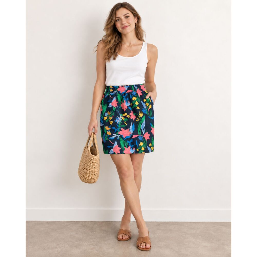 J.Crew Linen Cotton Floral Pull-On Mini Skirt Elastic Waist Pockets Size 2